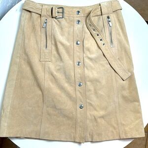 Michael Kors Suede Tan Brown Leather Skirt Western Boho Knee Length Silver Zip